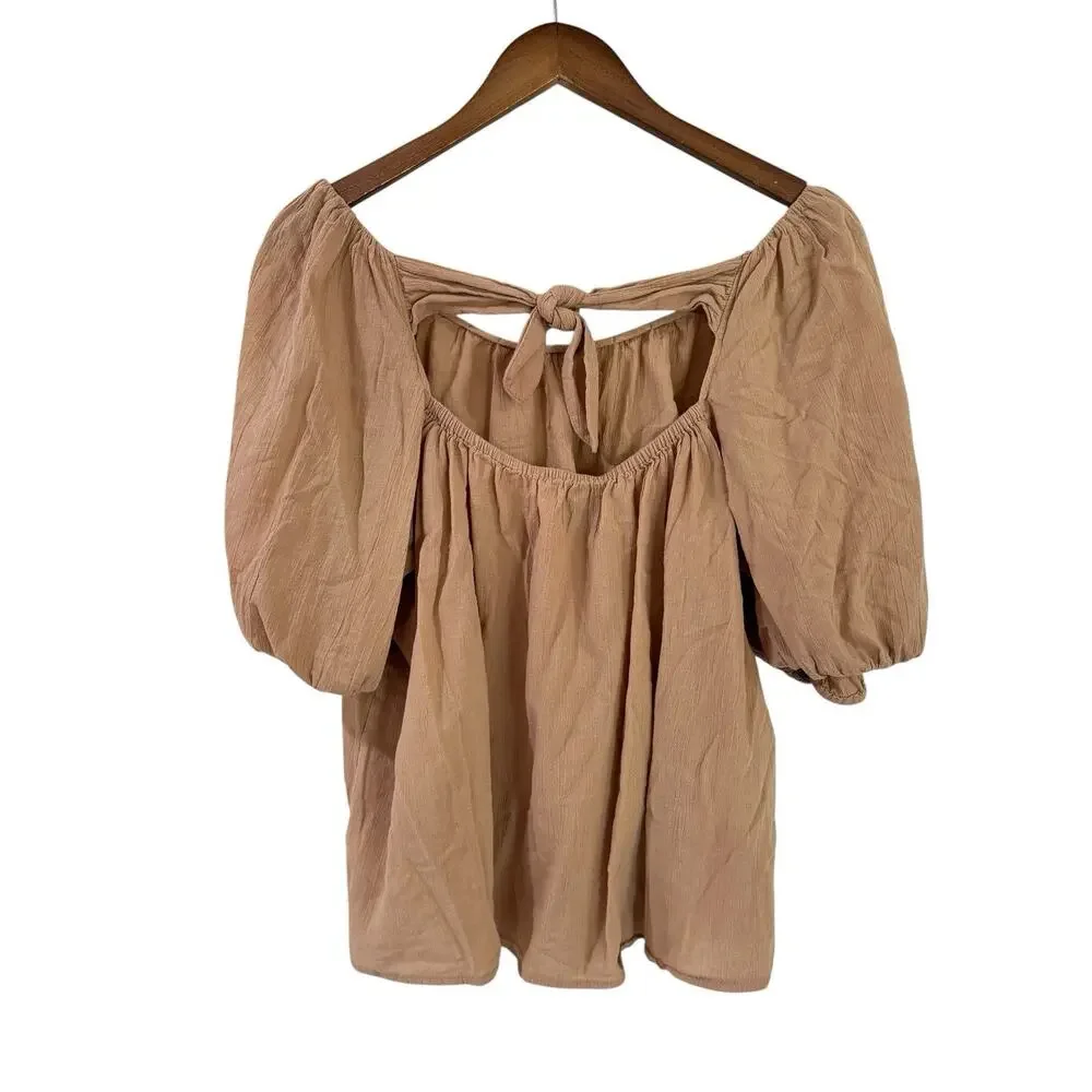 Old Navy Puff Sleeve Cutout Tie Back Swing Blouse Tan L Tall Boxy Boho Neutral